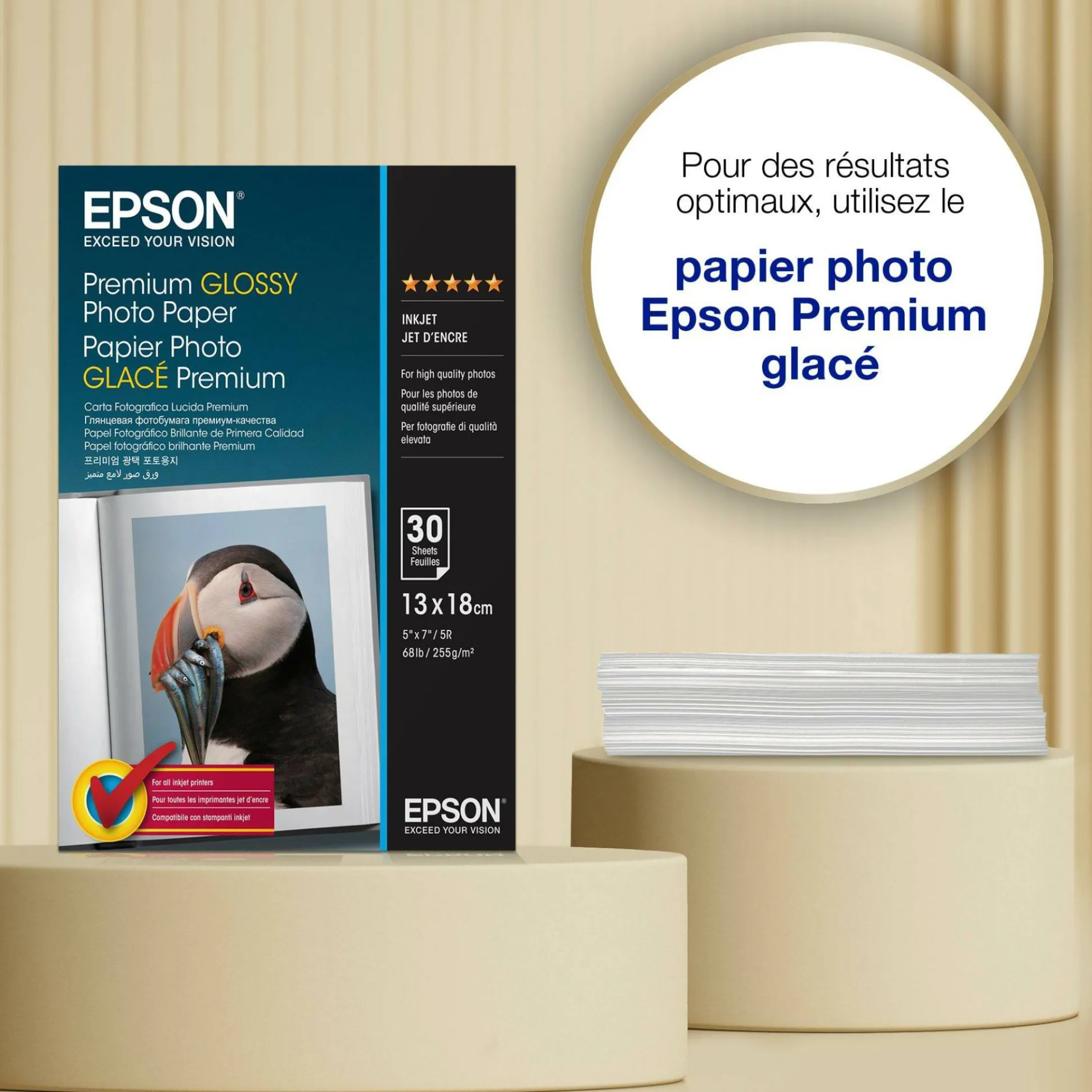 Papier photo brillant Epson Premium (130 x 180 mm), 255 g/m2, 30 feuilles