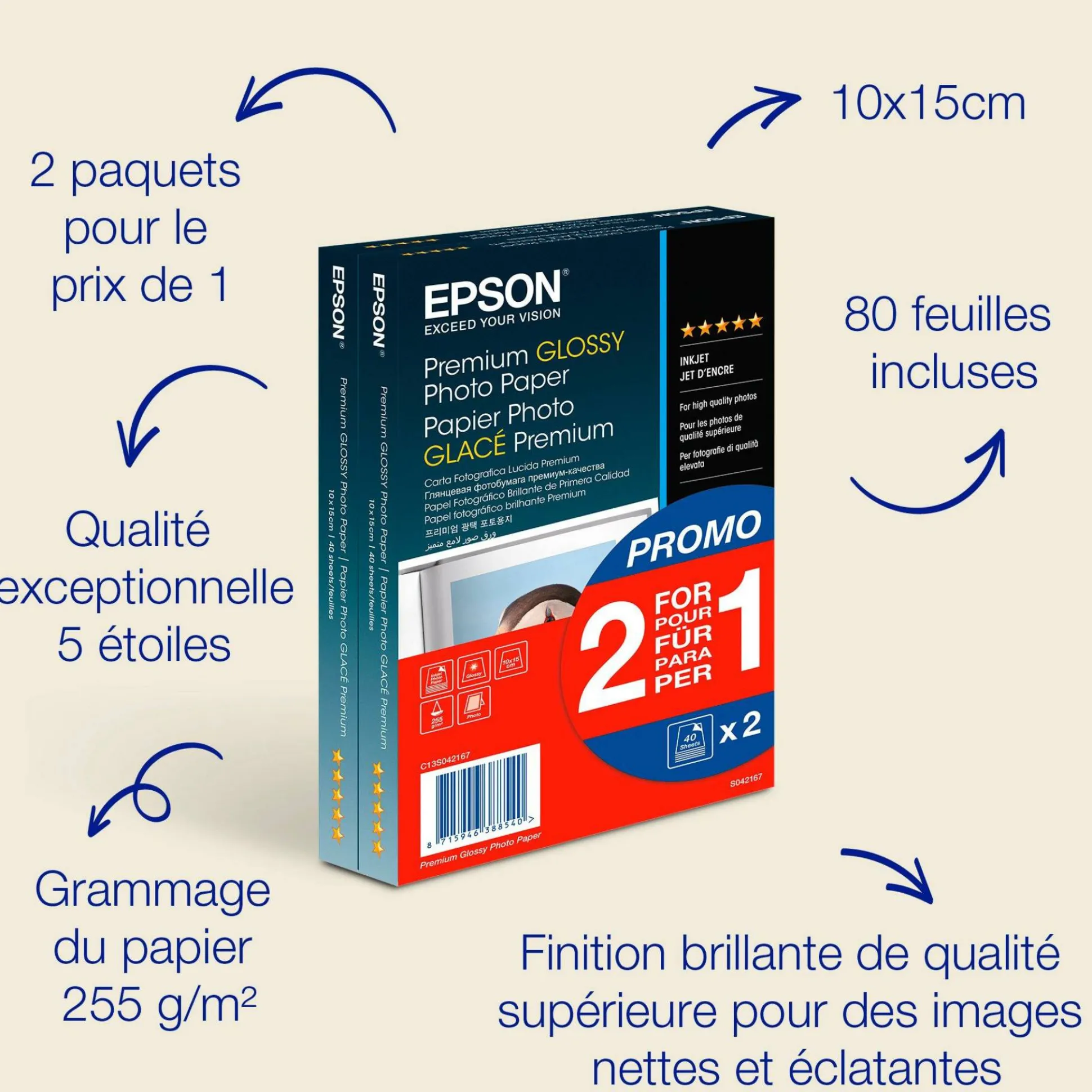 Papier photo brillant Epson Premium (100 x 150 mm), 255 g/m2, 80 feuilles