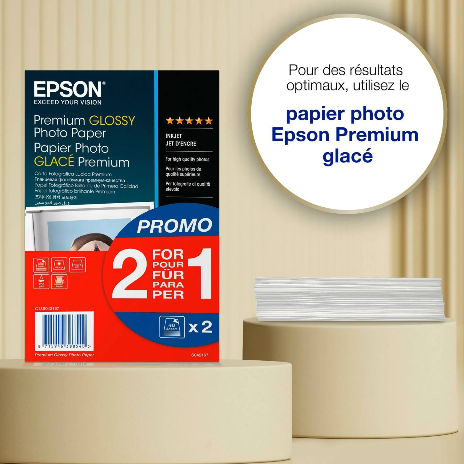 Papier photo brillant Epson Premium (100 x 150 mm), 255 g/m2, 80 feuilles