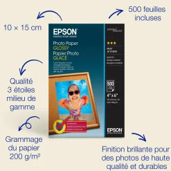 Papier photo brillant Epson (100 x 150 mm), 200 g/m2, 500 feuilles
