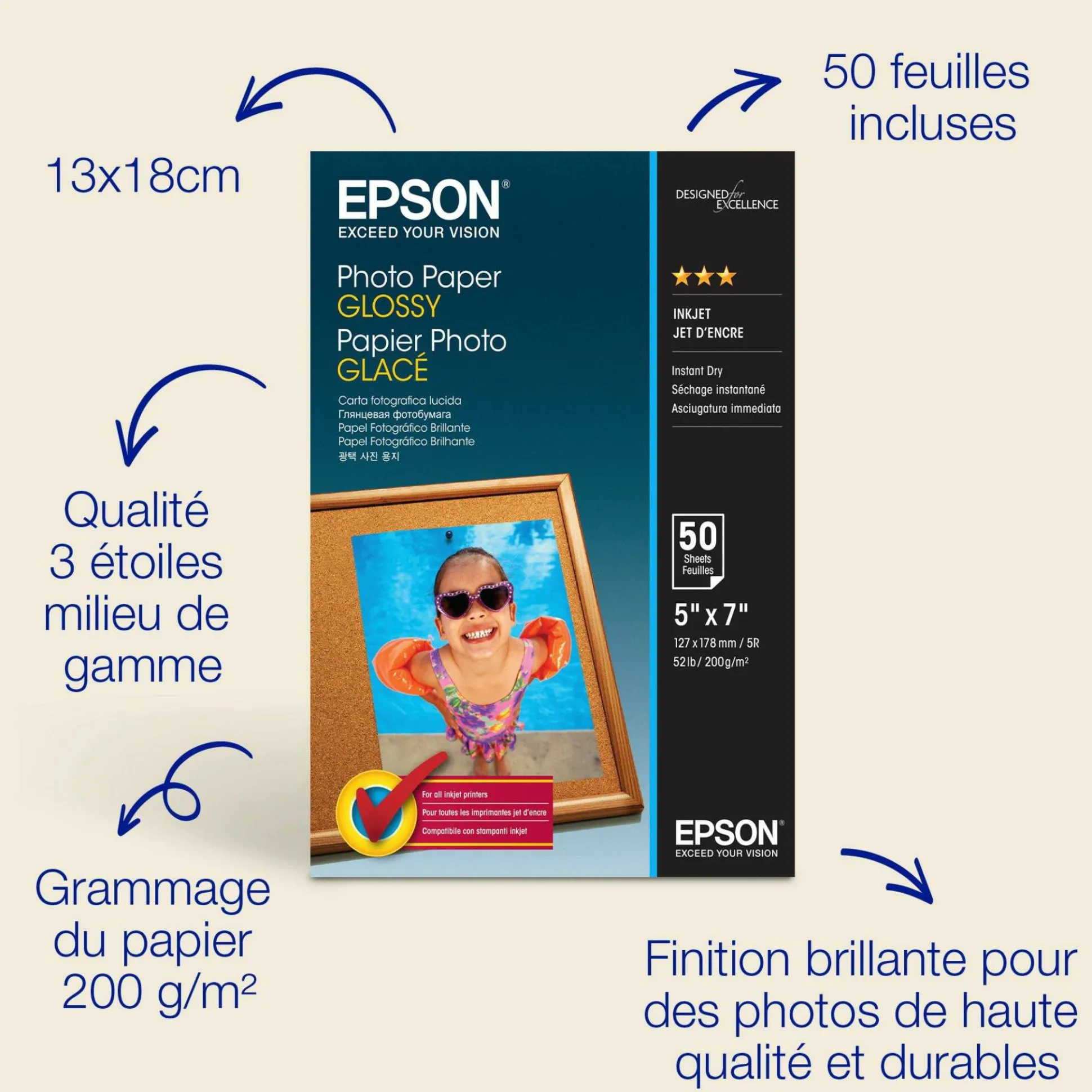 Papier photo brillant Epson (130 x 180 mm), 200 g/m2, 50 feuilles