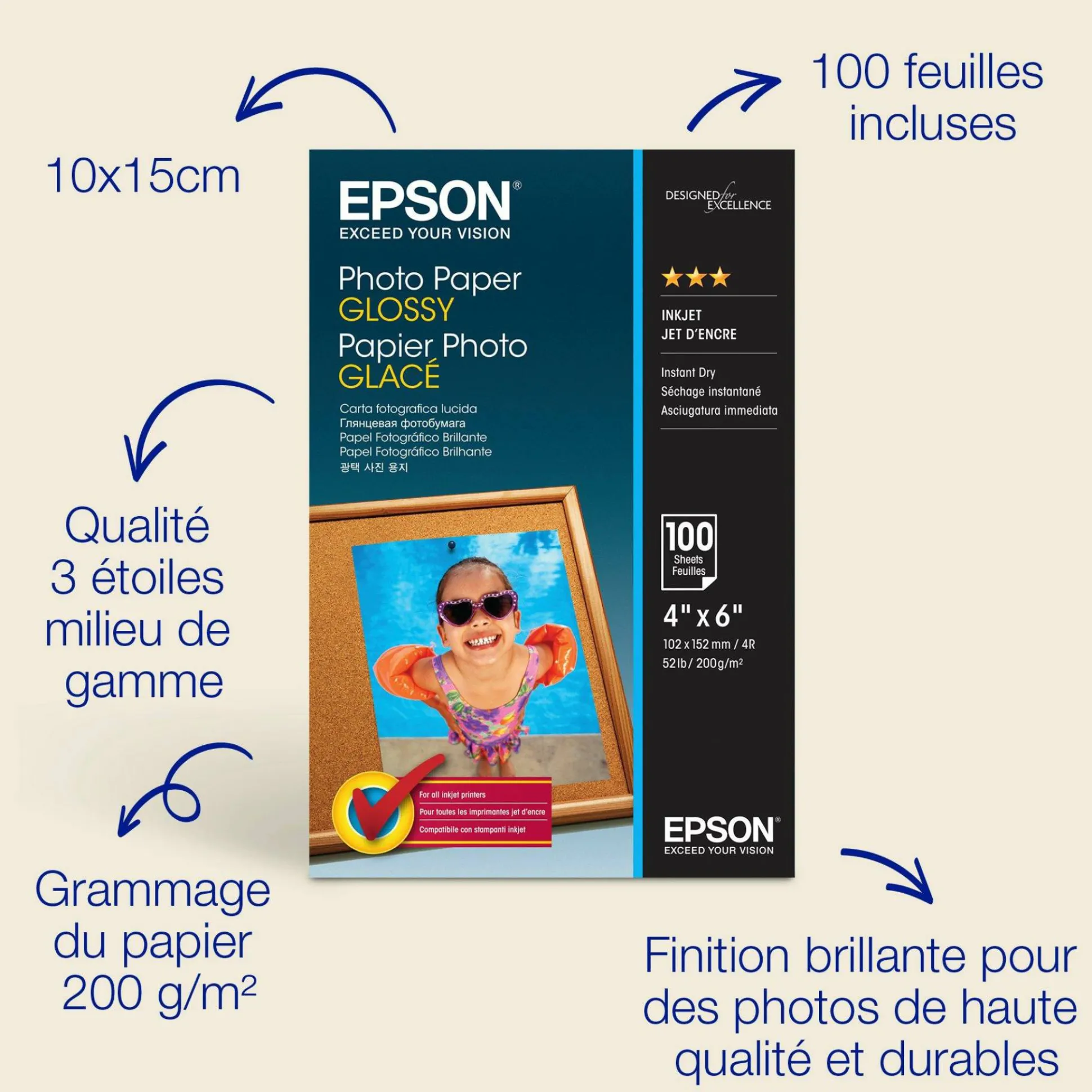Papier photo brillant Epson (100 x 150 mm), 200 g/m2, 100 feuilles