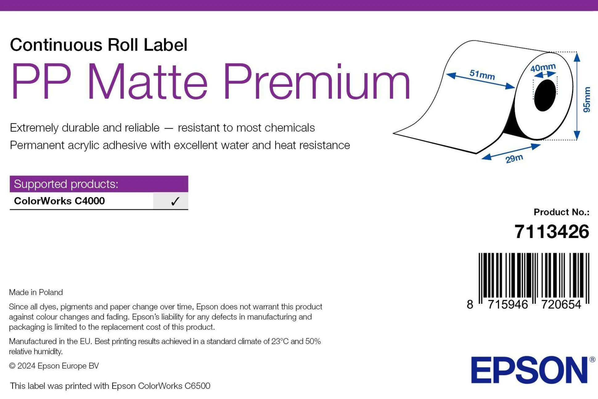 PP Matte Label Premium, Continuous Roll, 51mm x 29m