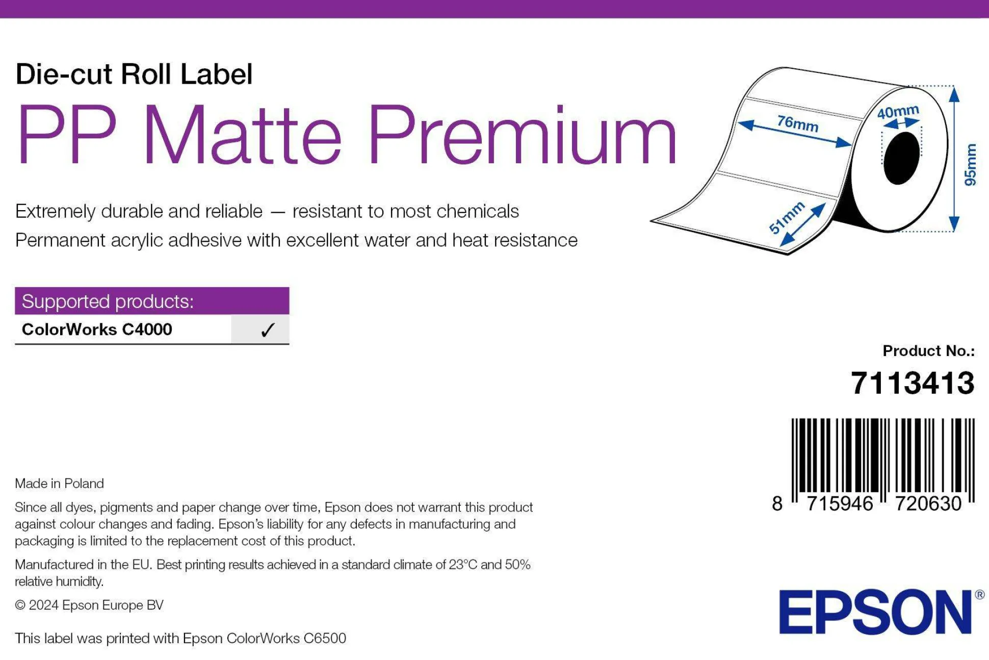 PP Matte Label Premium, Die-cut Roll, 76mm x 51mm, 535 Labels