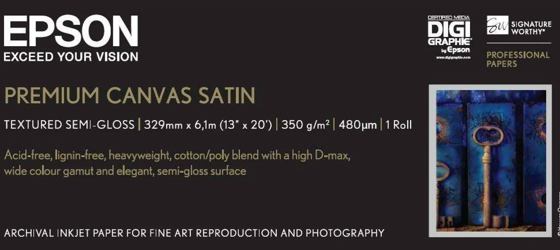 Premium Canvas Satin Roll, 13" x 6,1 m, 350g/m²