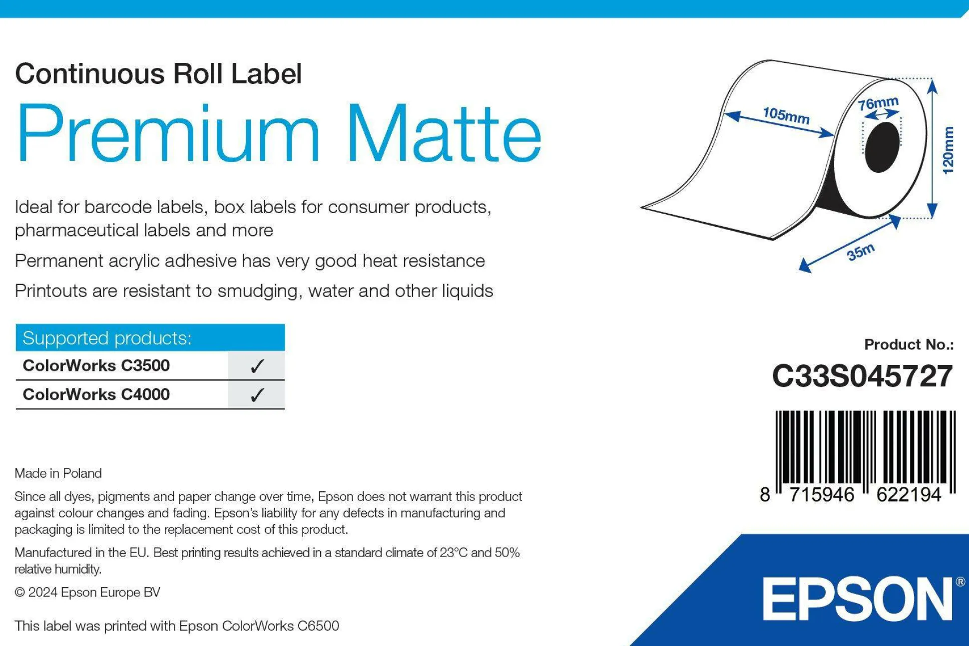 Premium Matte Label - Continuous Roll: 105mm x 35m