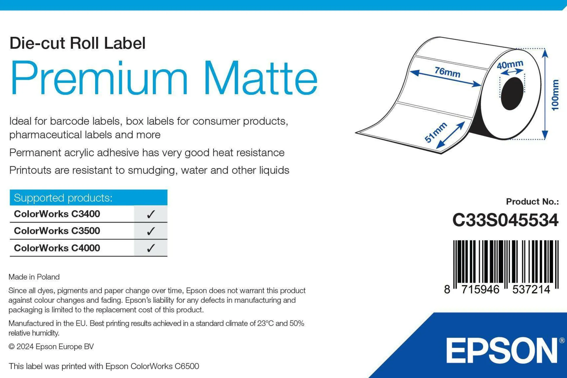 Premium Matte Label - Die-cut Roll: 76mm x 51mm, 650 labels