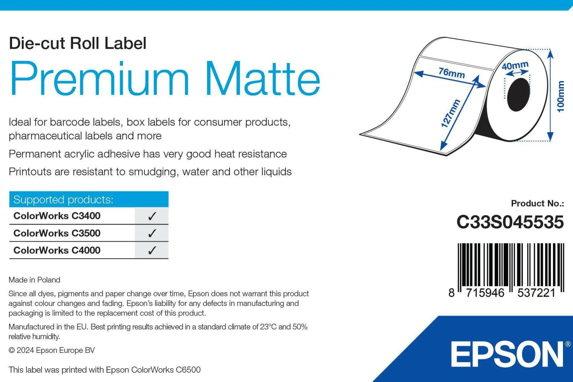 Premium Matte Label - Die-cut Roll: 76mm x 127mm, 265 labels