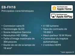 Projecteur à lampe Full HD EB-FH18, Apple AirPlay 2, Wi-Fi, 2 ports HDMI, 4 100 lumens, grande taille d’image jusqu’à 304 pouces (7,72 m)