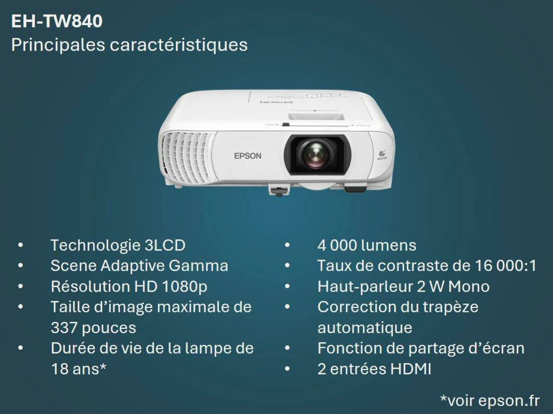 Projecteur à lampe Full HD EH-TW840, 2 ports HDMI, 4 000 lumens, grande taille d’image jusqu’à 337 pouces (8,56 m)