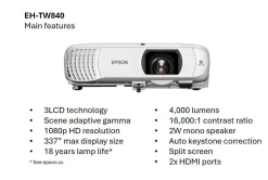 Projecteur à lampe Full HD EH-TW840, 2 ports HDMI, 4 000 lumens, grande taille d’image jusqu’à 337 pouces (8,56 m)