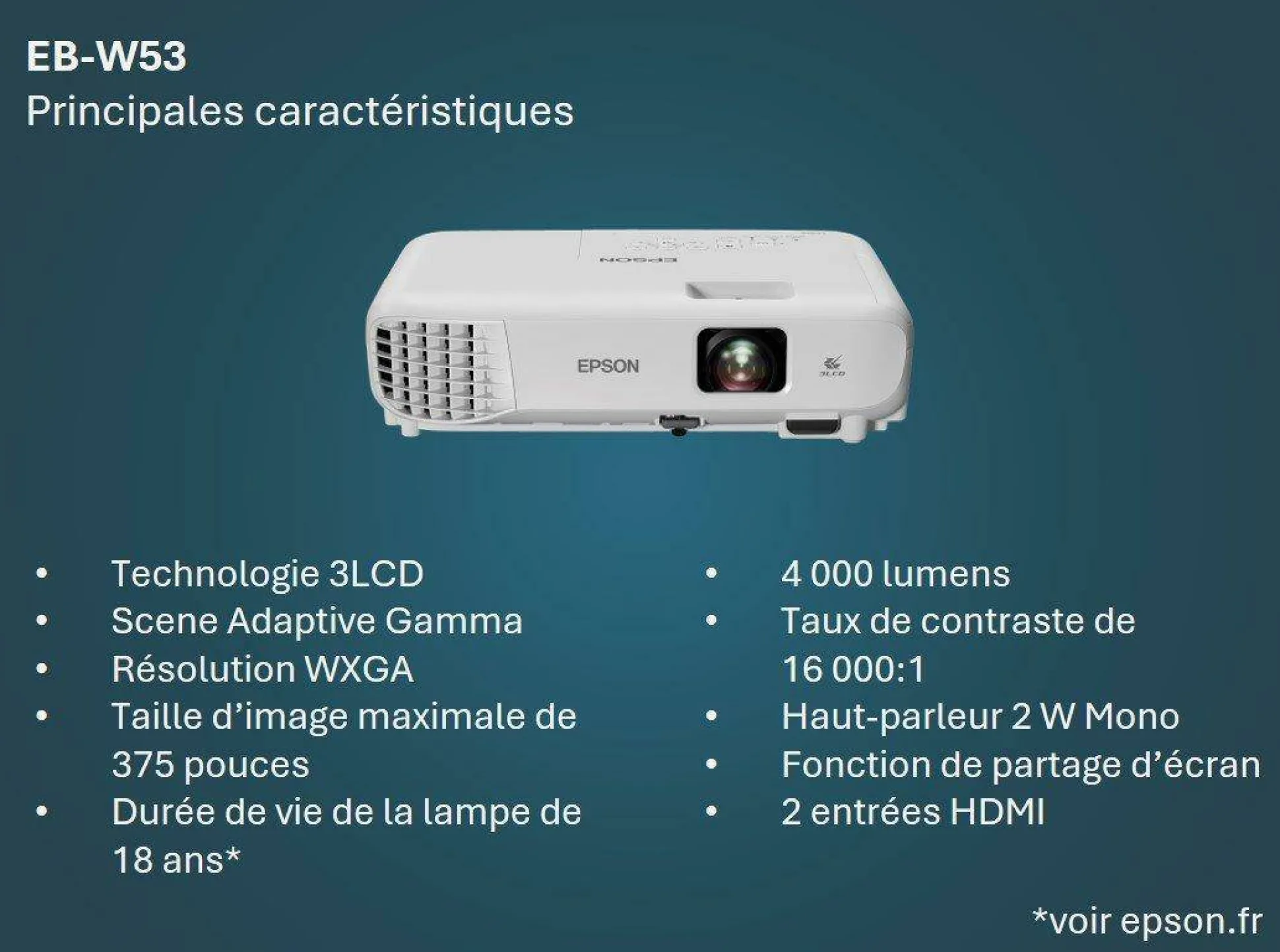 Projecteur à lampe WXGA EB-W53, 2 ports HDMI, 4 000 lumens, grande taille d’image jusqu’à 375 pouces (9,52 m)