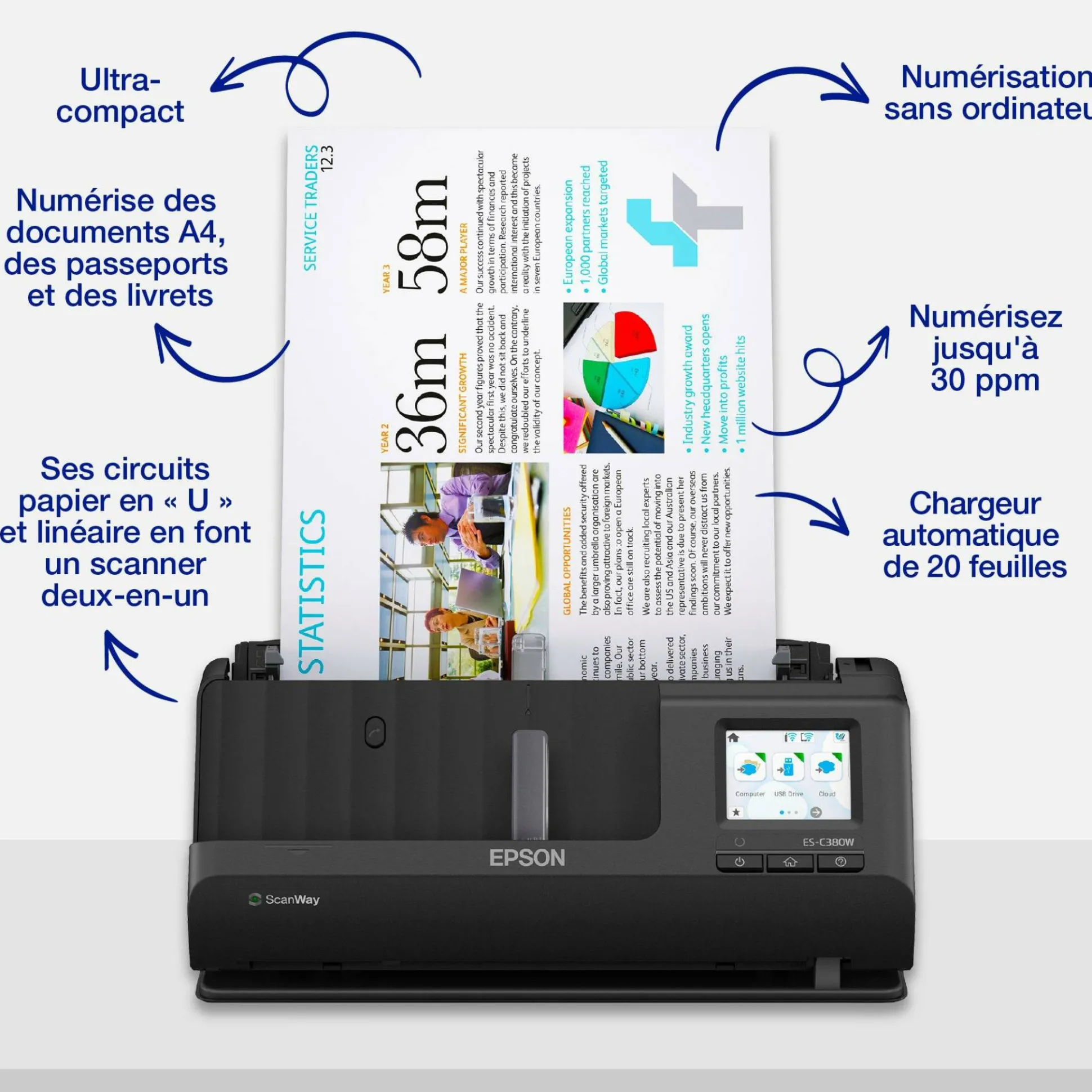 Scanner de documents A4 compact ES-C380W avec connexion Wi-Fi et chemin de numérisation en « U »