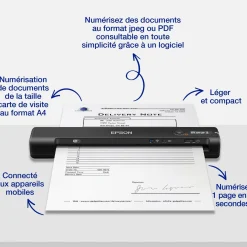 Scanner mobile A4 rapide WorkForce ES-60W avec connexion Wi-Fi, technologie Epson ScanSmart et écran LCD