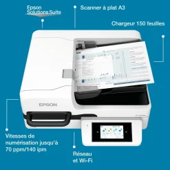 Scanner à plat A3 WorkForce DS-71000WN avec connexion réseau et compatible avec des plateformes ouvertes, avec chargeur automatique de documents de 150 feuilles