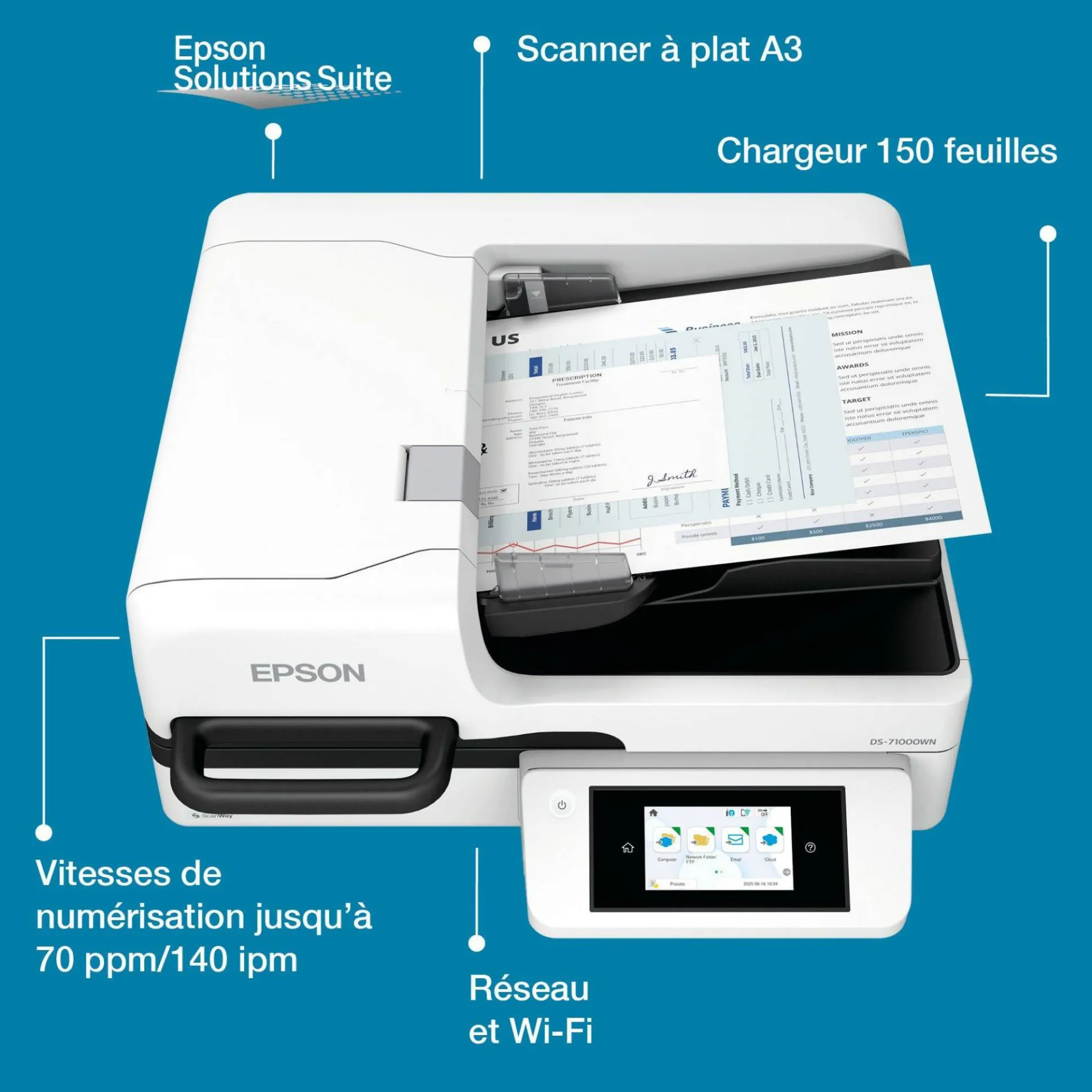 Scanner à plat A3 WorkForce DS-71000WN avec connexion réseau et compatible avec des plateformes ouvertes, avec chargeur automatique de documents de 150 feuilles