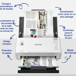 Scanner professionnel A4 compact WorkForce DS-410 avec chargeur automatique de documents de 50 feuilles et logiciel Epson Document Capture Pro