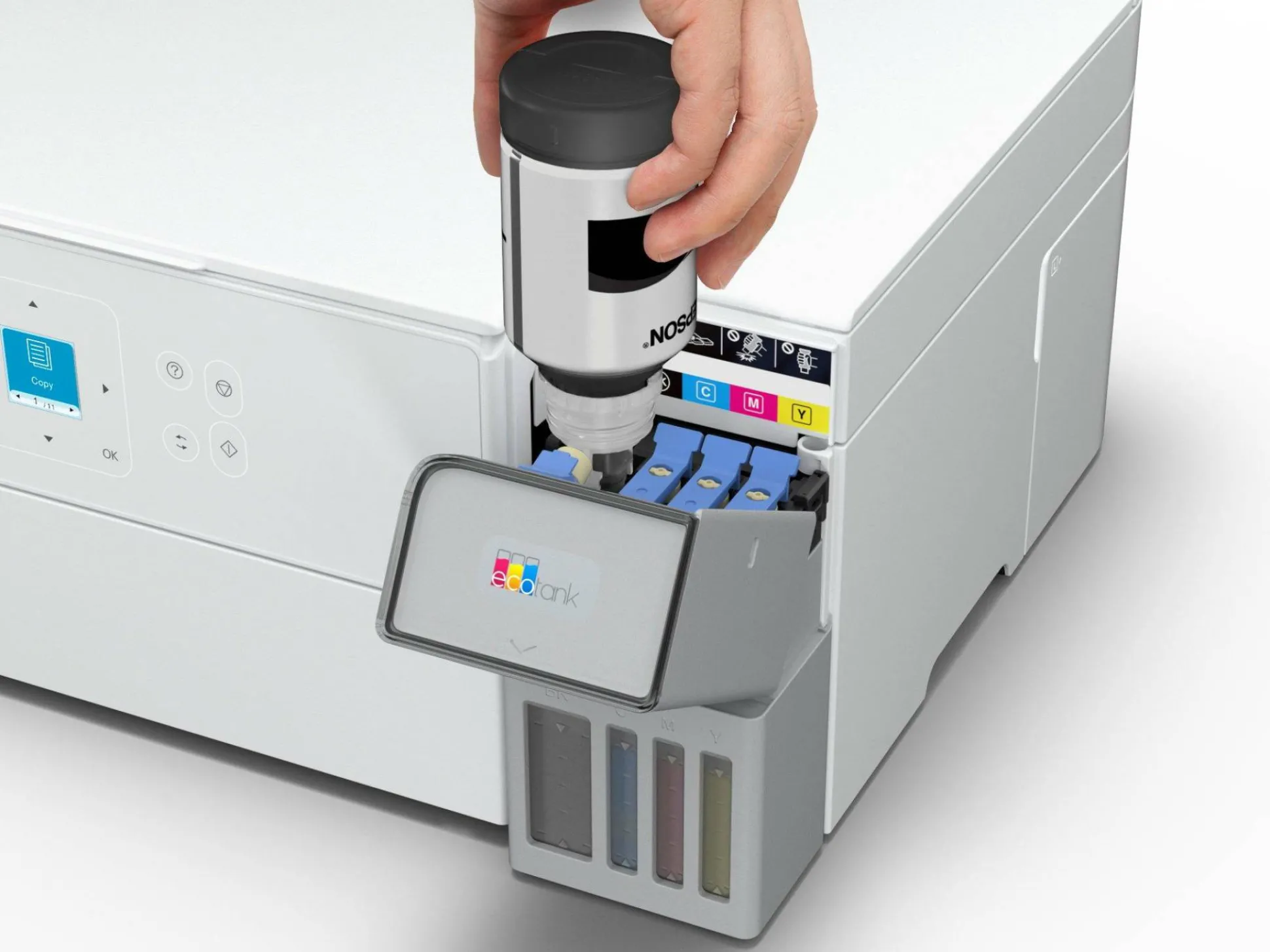 Solution d’impression A4 blanche EcoTank ET-2956 équipée d’une connexion Wi-Fi et de réservoirs d’encre, avec jusqu’à 3 ans d’encre inclus