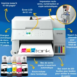 Solution d’impression A4 blanche EcoTank ET-3956 équipée d’une connexion Wi-Fi et de réservoirs d’encre, avec jusqu’à 3 ans d’encre inclus