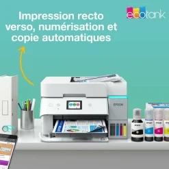 Solution d’impression A4 blanche EcoTank ET-4956 équipée d’une connexion Wi-Fi et de réservoirs d’encre, avec jusqu’à 3 ans d’encre inclus