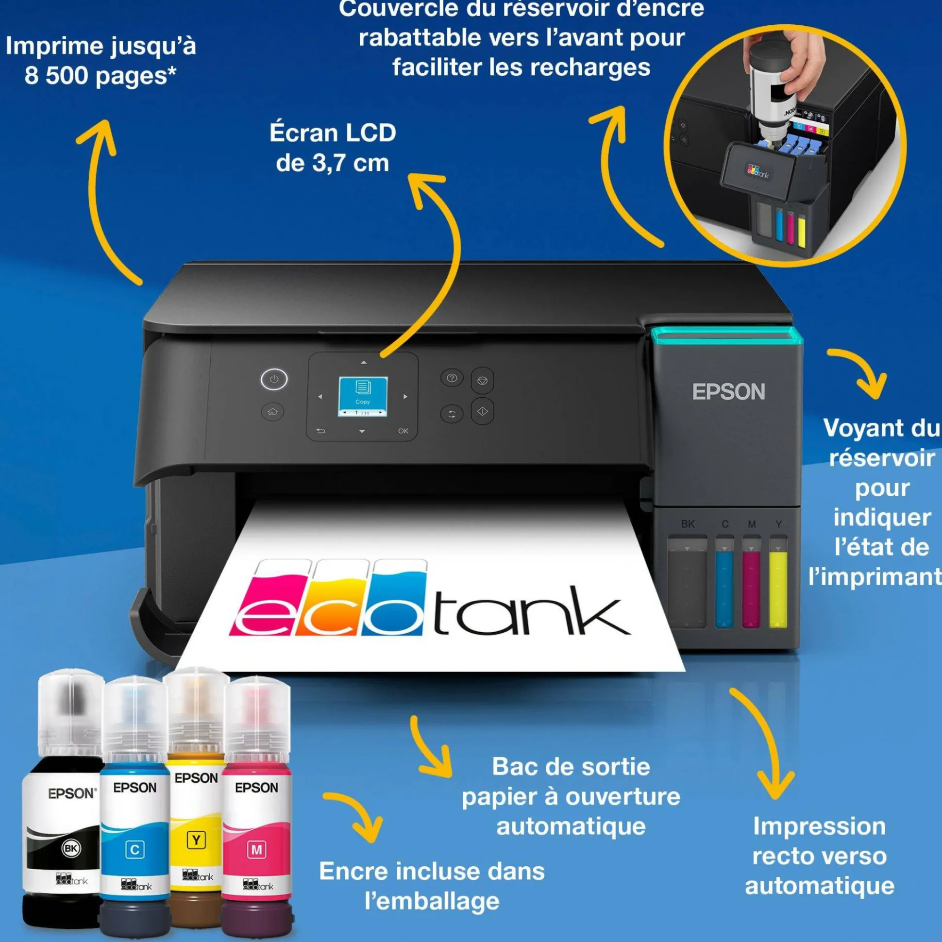 Solution d’impression A4 Wi-Fi EcoTank ET-2950 équipée de réservoirs d’encre, avec jusqu’à 3 ans d’encre inclus