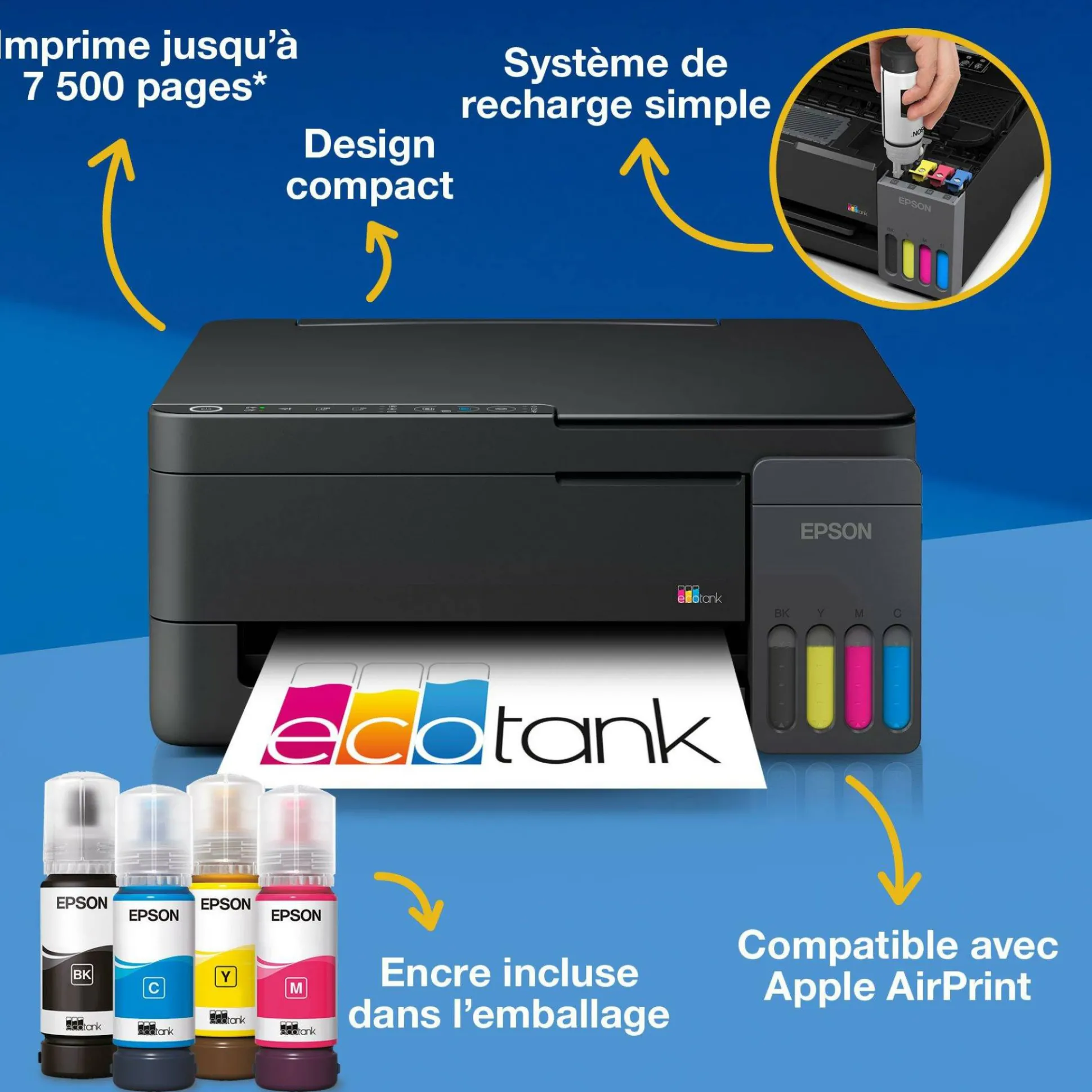 Solution d’impression multifonction A4 Wi-Fi et AirPrint EcoTank ET-2915 équipée de réservoirs d’encre, avec jusqu’à 3 ans d’encre inclus