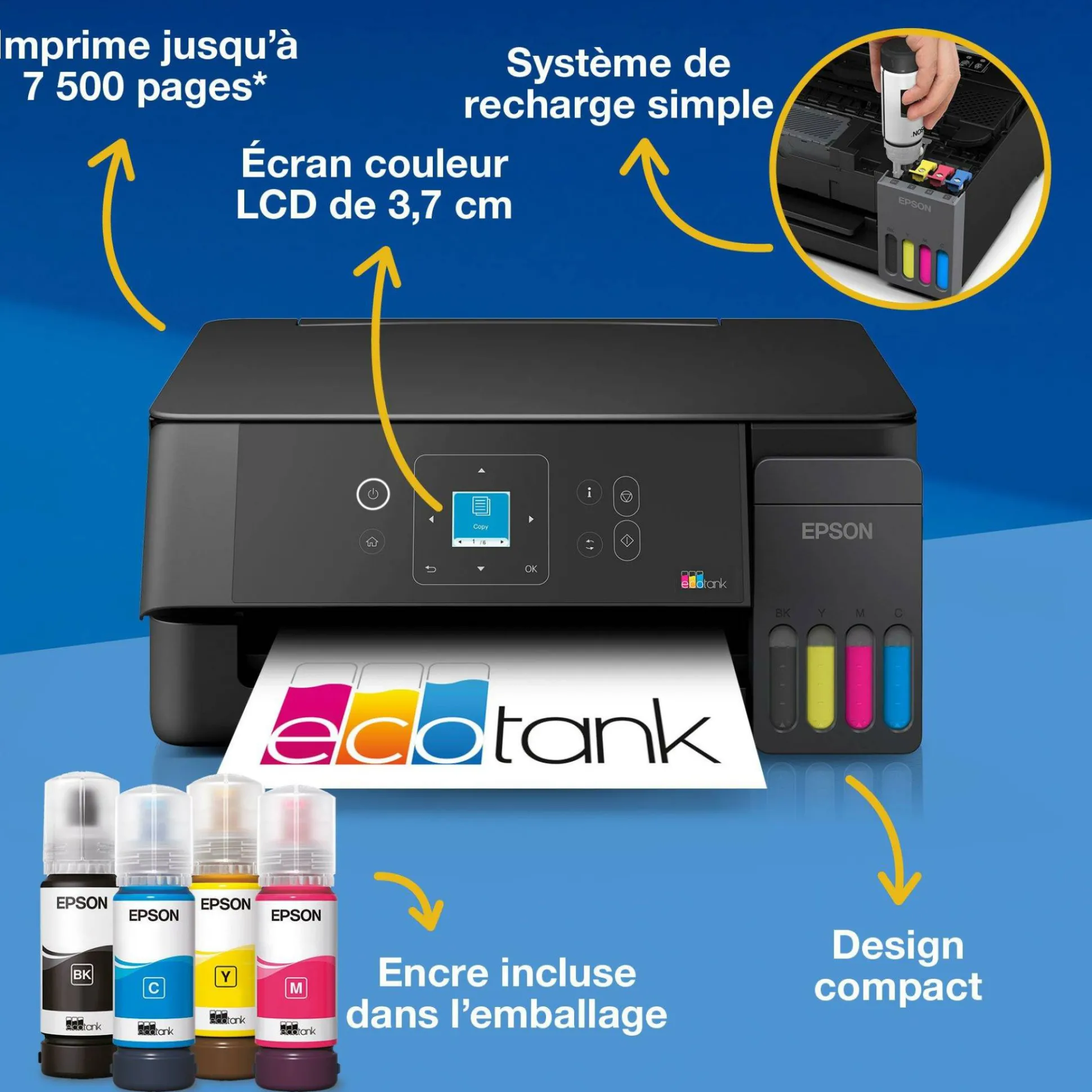 Solution d’impression multifonction A4 Wi-Fi et AirPrint EcoTank ET-2920 équipée de réservoirs d’encre, écran LCD et jusqu’à 3 ans d’encre inclus