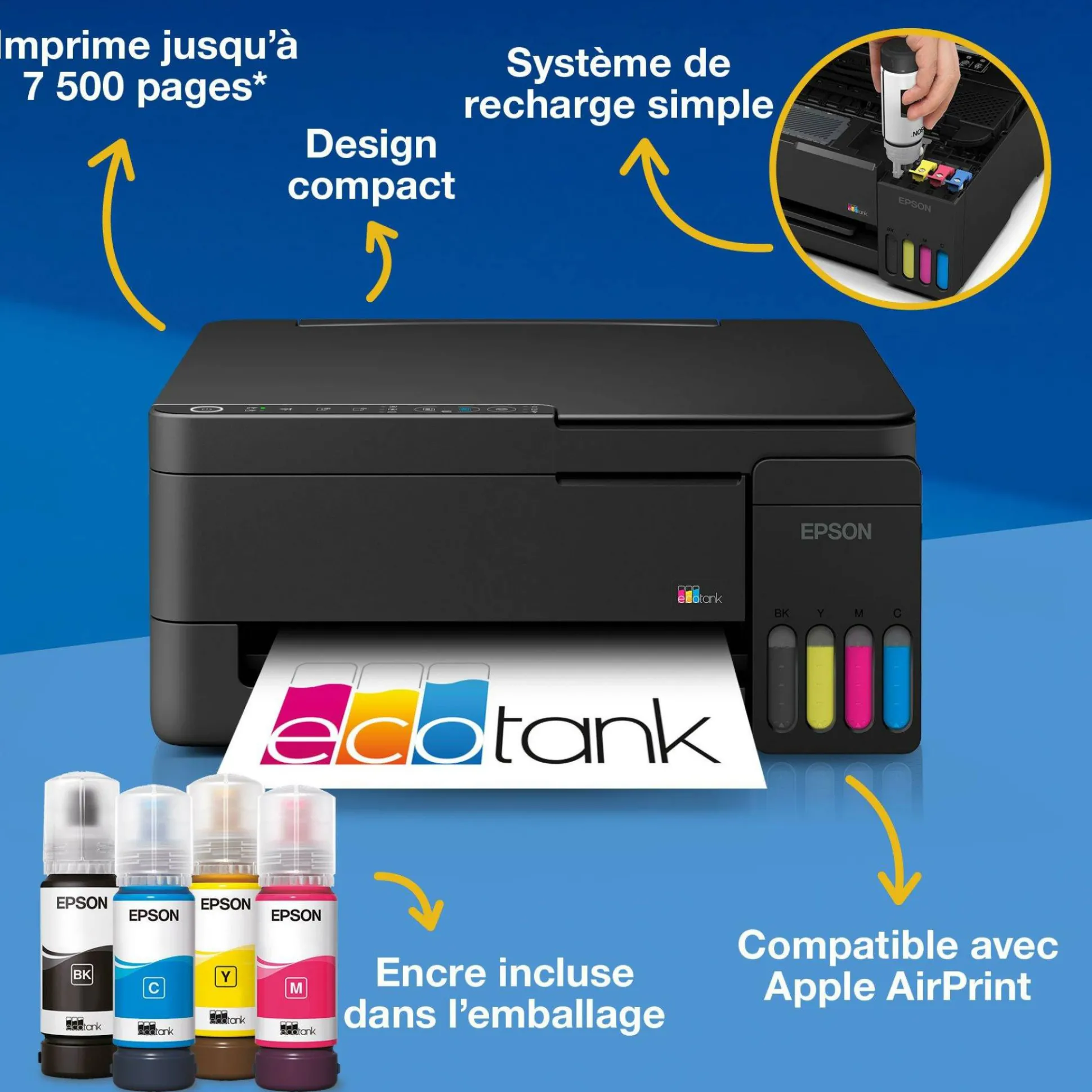 Solution d’impression multifonction A4 Wi-Fi et AirPrint EcoTank ET-2911 équipée de réservoirs d’encre, avec jusqu’à 3 ans d’encre inclus