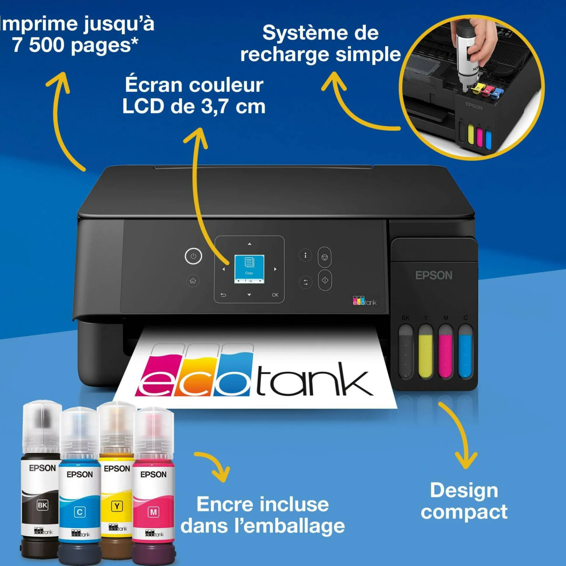 Solution d’impression multifonction A4 Wi-Fi et AirPrint EcoTank ET-2925 équipée de réservoirs d’encre, écran LCD et jusqu’à 3 ans d’encre inclus