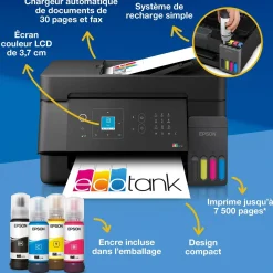 Solution d’impression multifonction A4 Wi-Fi et AirPrint EcoTank L5390 équipée de réservoirs d’encre, d’un écran LCD et d’un chargeur automatique de documents, avec jusqu’à 3 ans d’encre inclus